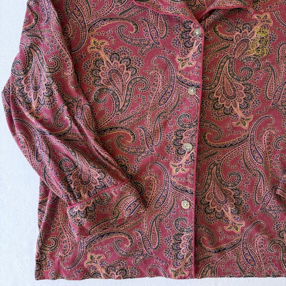 Lauren Ralph Lauren Pajama Top Burgundy Paisley LRL Crest women's  L - Picture 2 of 9